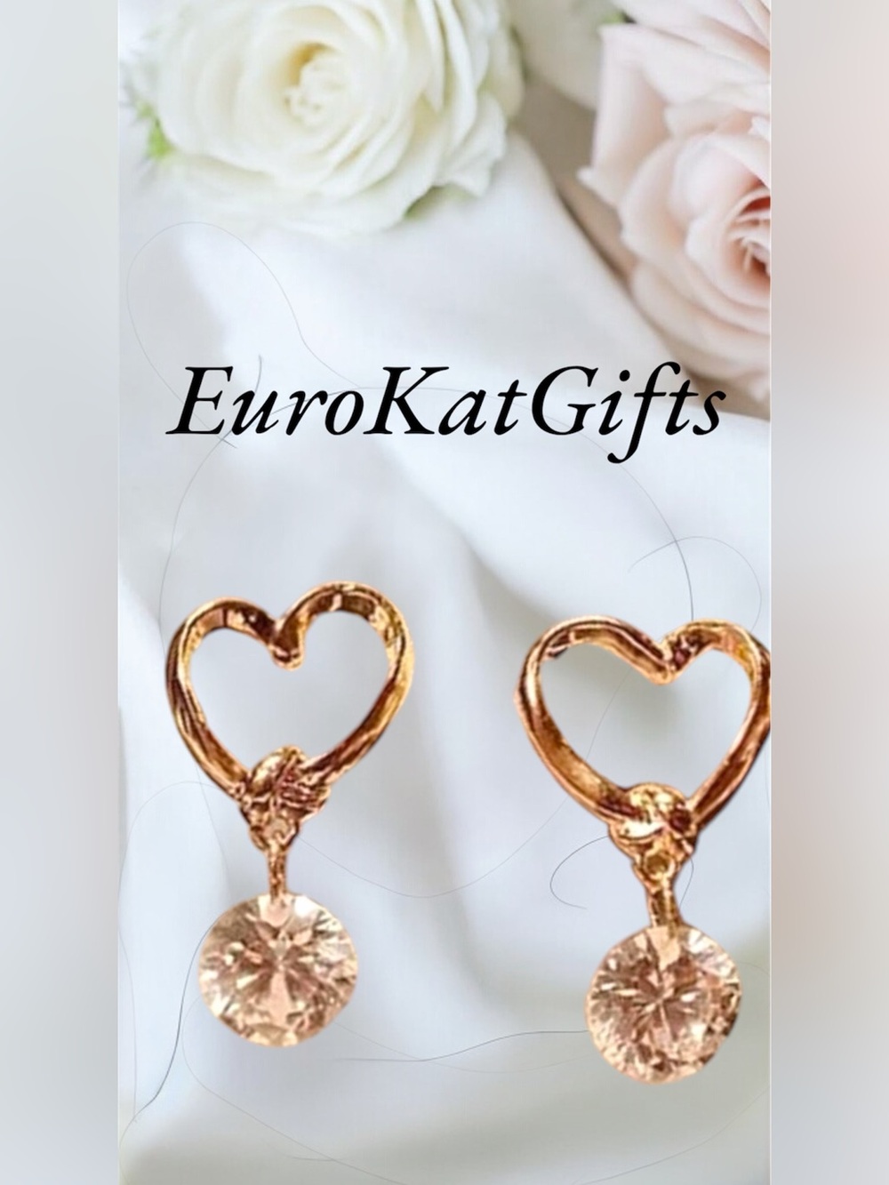 Gold Heart CZ Dangle Earrings  stud posts and silicone backs NEW